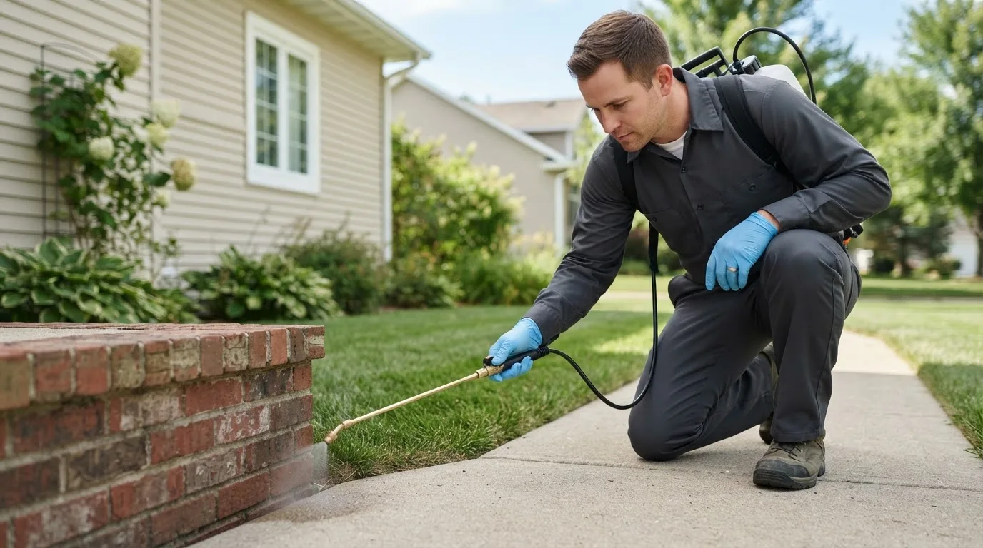 Pest control technician treating a home near Sebago, ME