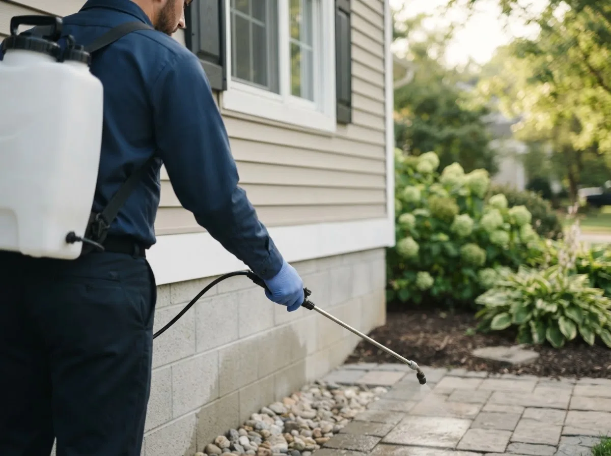 Pest control technician inspecting a home in Sebago, ME